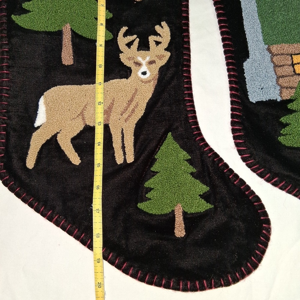 Set Of 2 Folk Art Country Christmas Stockings Black Velvet Deer Log Cabin - Picture 3 of 4